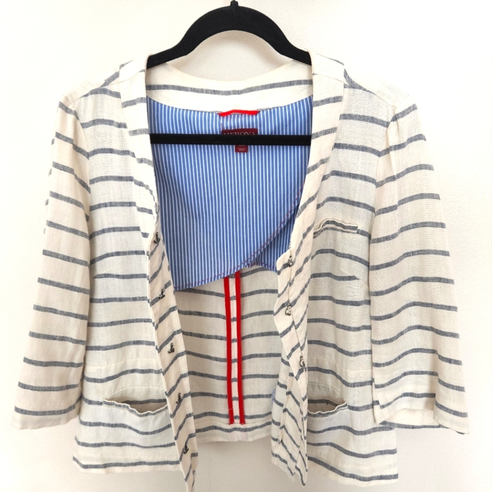 Merona - Striped Linen Crop Jacket - Ivory Cream/ Blue - Size Large